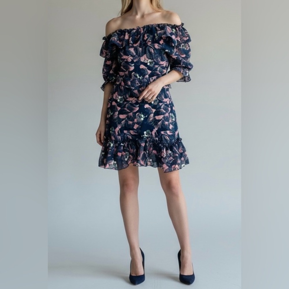 Ted Baker London Floral Print Off Shoulder Ruffle Dress with Belt Size 3